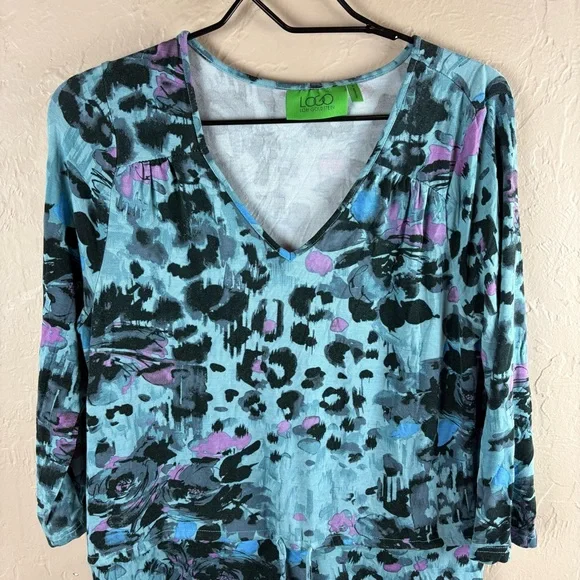 LOGO Lori Goldstein Blue Animal Print Knit Dress Small Pockets 3/4 sleeves - Picture 2 of 9